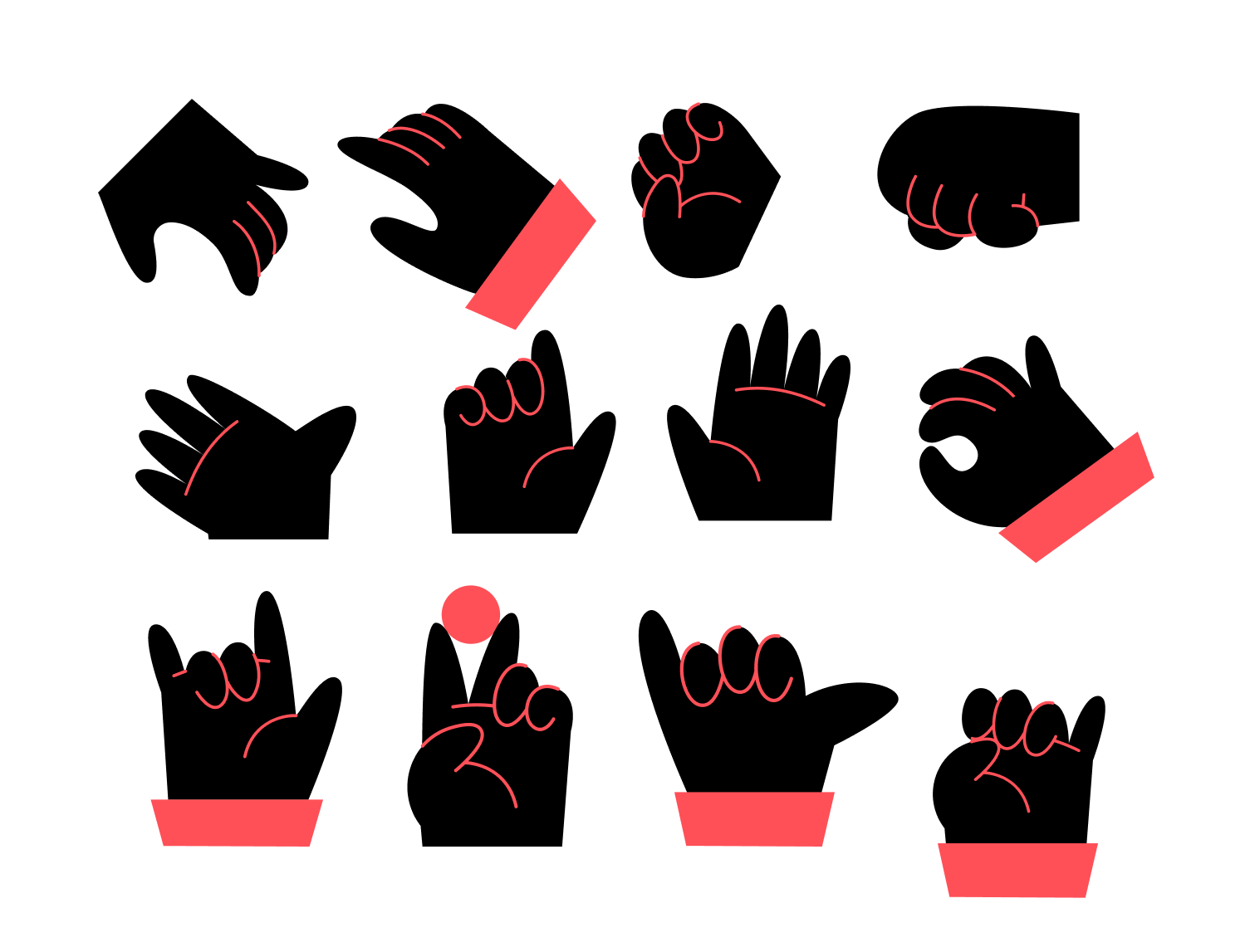Set of playful black and coral hand-gesture illustrations from the Pegaê visual identity