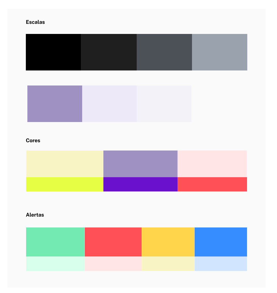 Pegaê styleguide colors: grayscale and purple scales, brand palette and alert colors