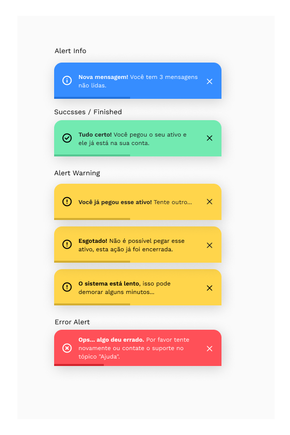 Pegaê alert components: info, success, warning and error messages in the brand colors