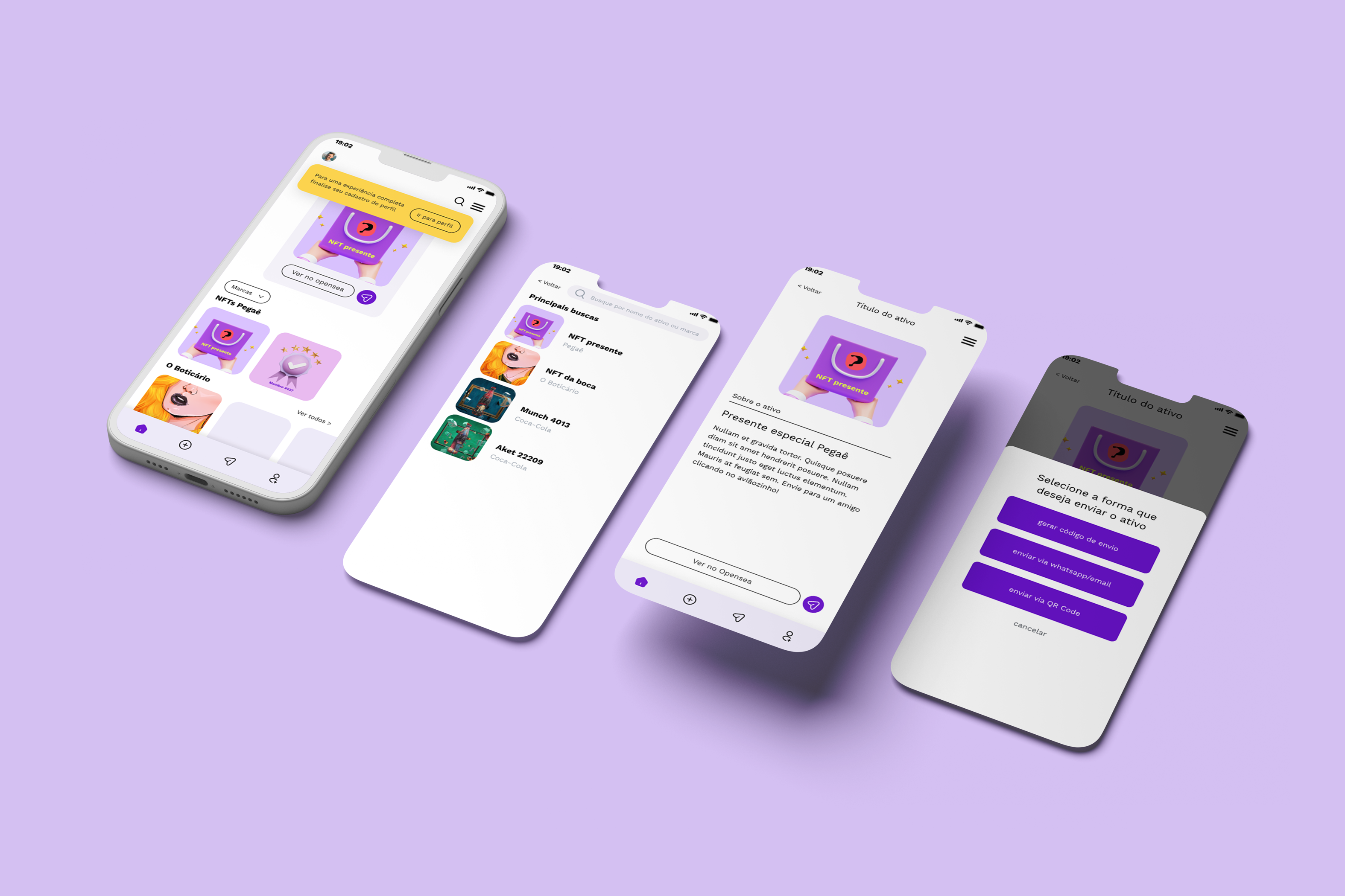 Pegaê app screens: home with brand collectibles, search, asset details and sending options