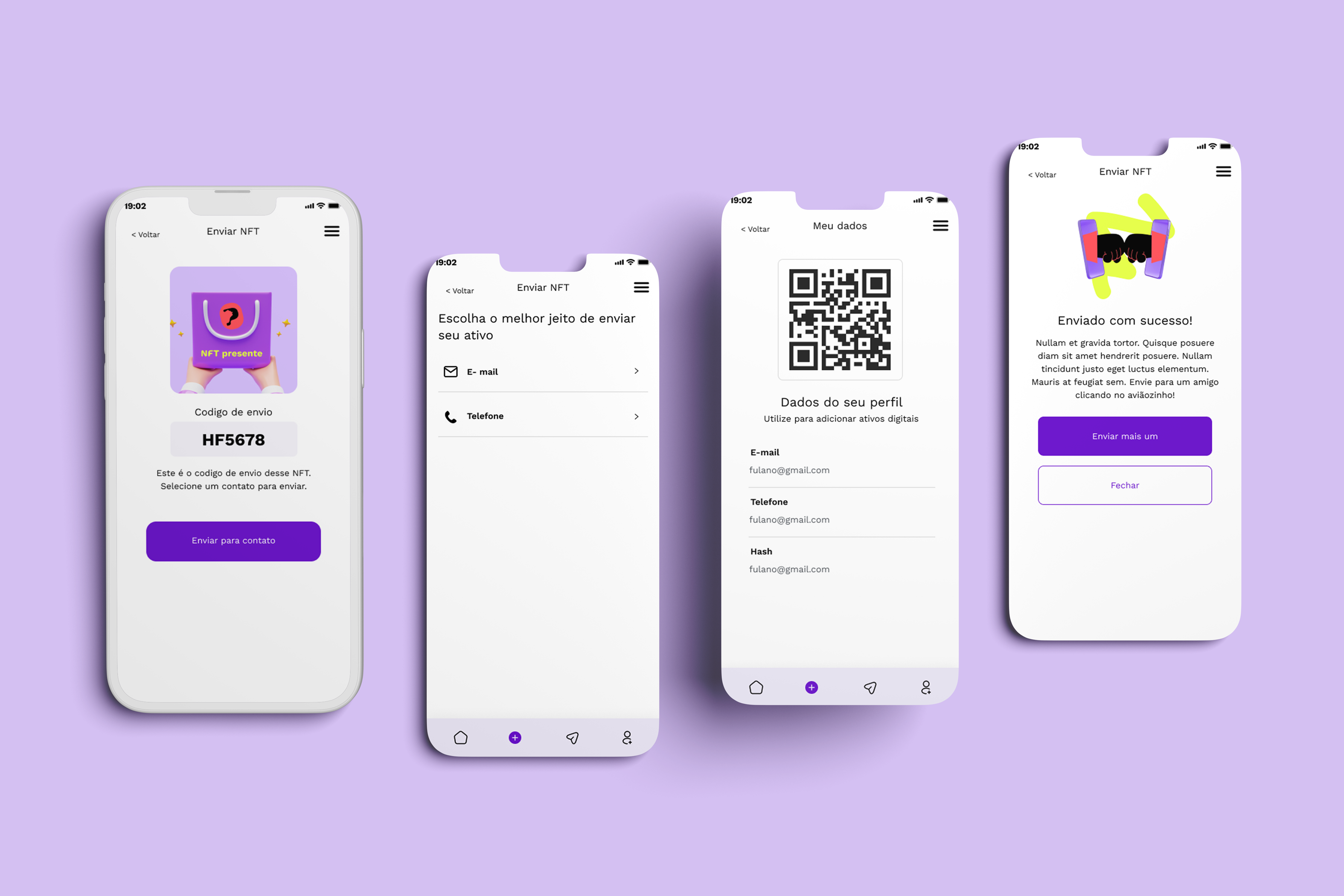 Send-asset flow screens: sharing code, choice between email and phone, profile QR code and success confirmation