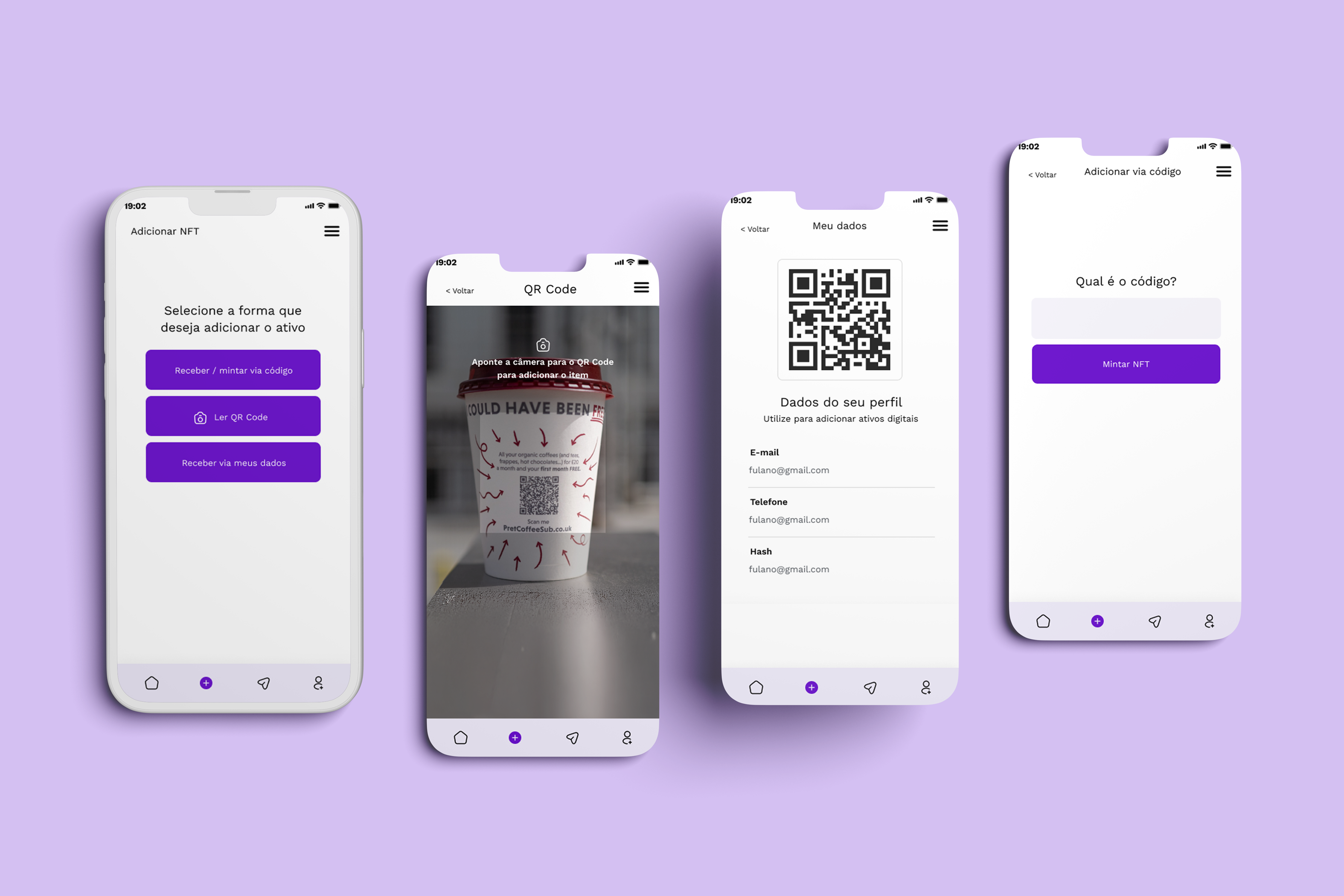 Add-asset flow screens: receiving options, QR code scanning on a product, profile data and code entry